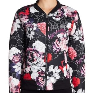 Bebe Floral Scuba Bomber Jacket - BLACK + Rose